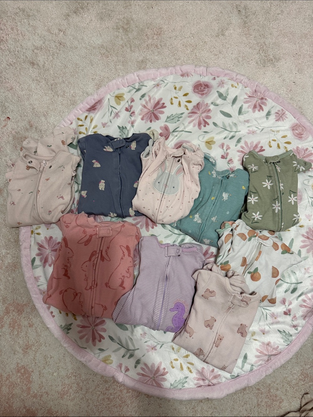 Assorted Baby Sleeper Onesies - Pastel Floral & Animal Prints - 3 month